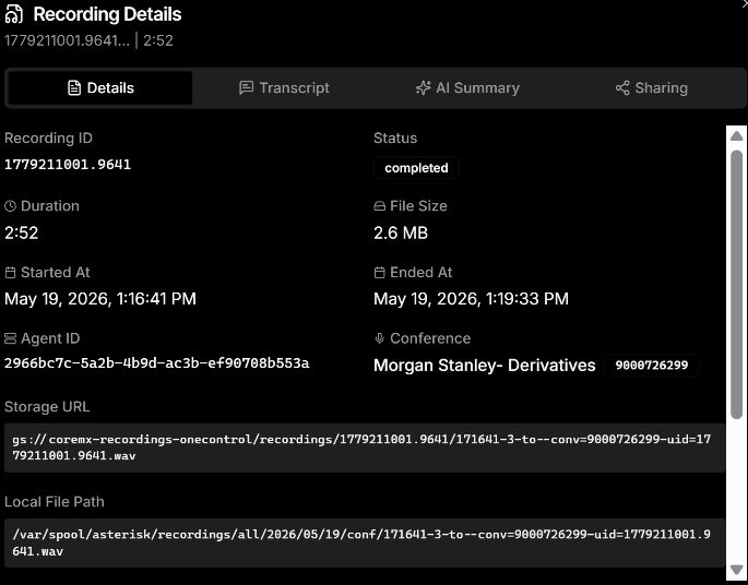 Kube2net — Recording Details con metadata completa, IA Summary y transcripción